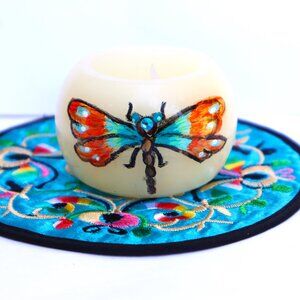 NEW Hand Painted Dragonfly Round Flameless Votive Candle Boho Home Decor Gifts